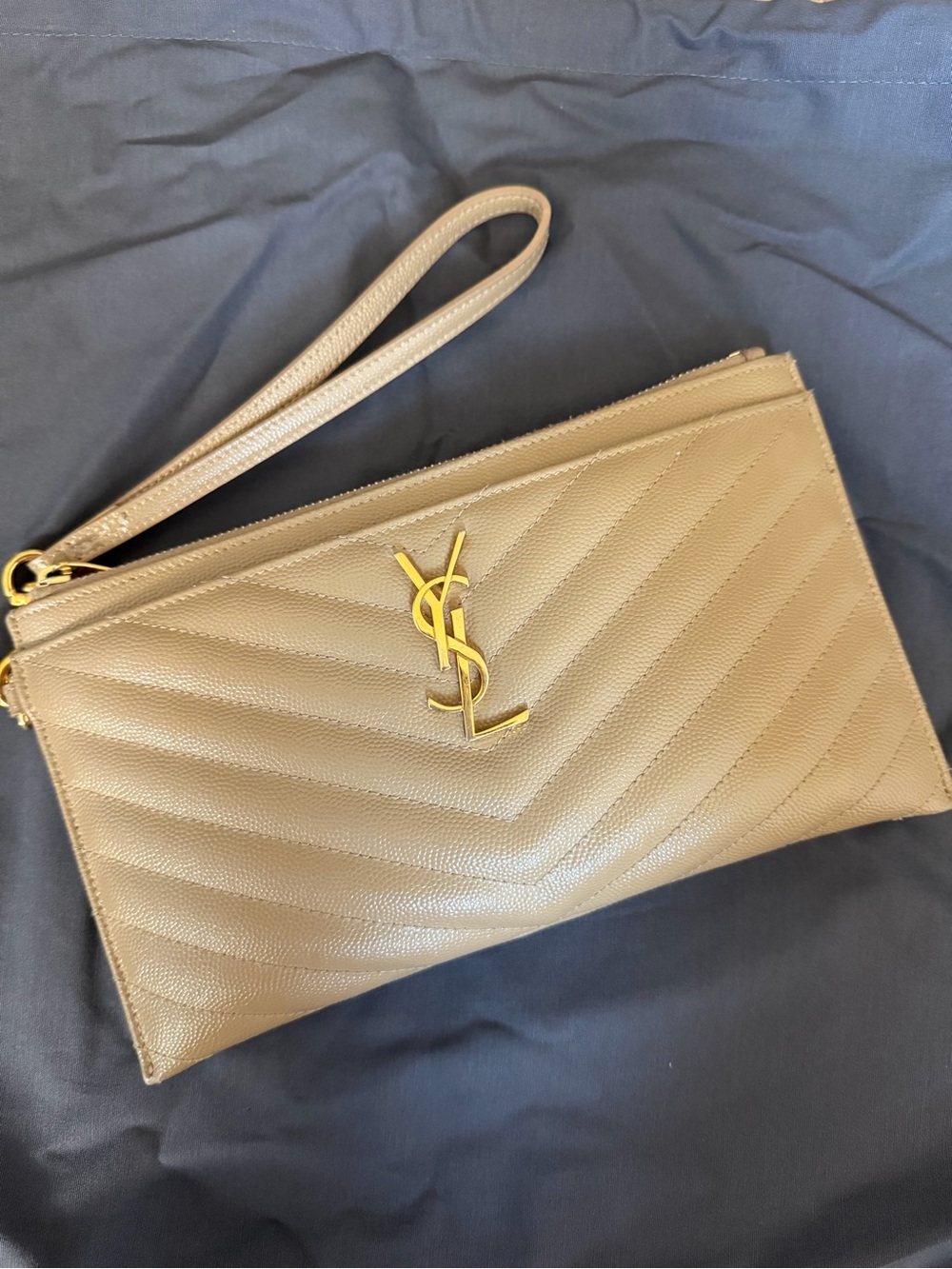 AUTHENTIC Saint Laurent Taupe Quilted Leather Wristlet Clutch